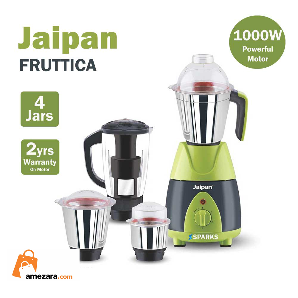 Jaipan Fruttica 1000 Watts Mixer Grinder with 4 Jars (Green & Black)