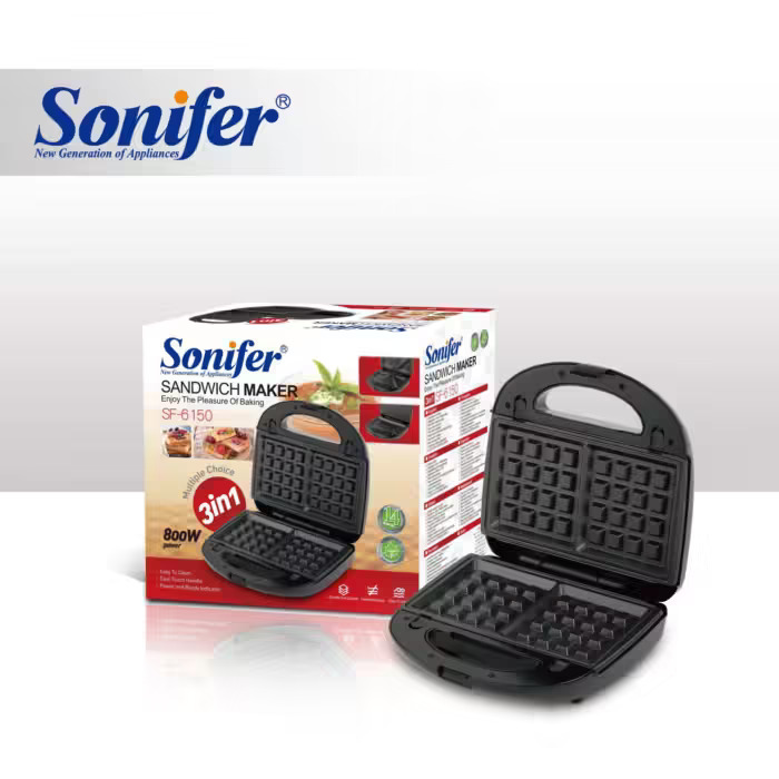 Sonifer SF-6150 3-in-1 Sandwich & Waffle Maker – 800W Non-Stick Breakfast Grill with Cool Touch Handle