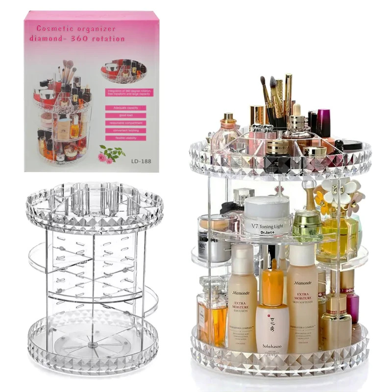 Cosmetics Organizer 360 Degree Diamond Rotatable Cosmetics Storage Box