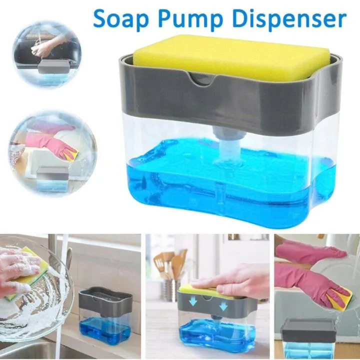 KITCHEN DISHWASHER LIQUID SOAP PUMP DISPENSER WITH SPONGE HOLDER DISH CLEANER TOOL